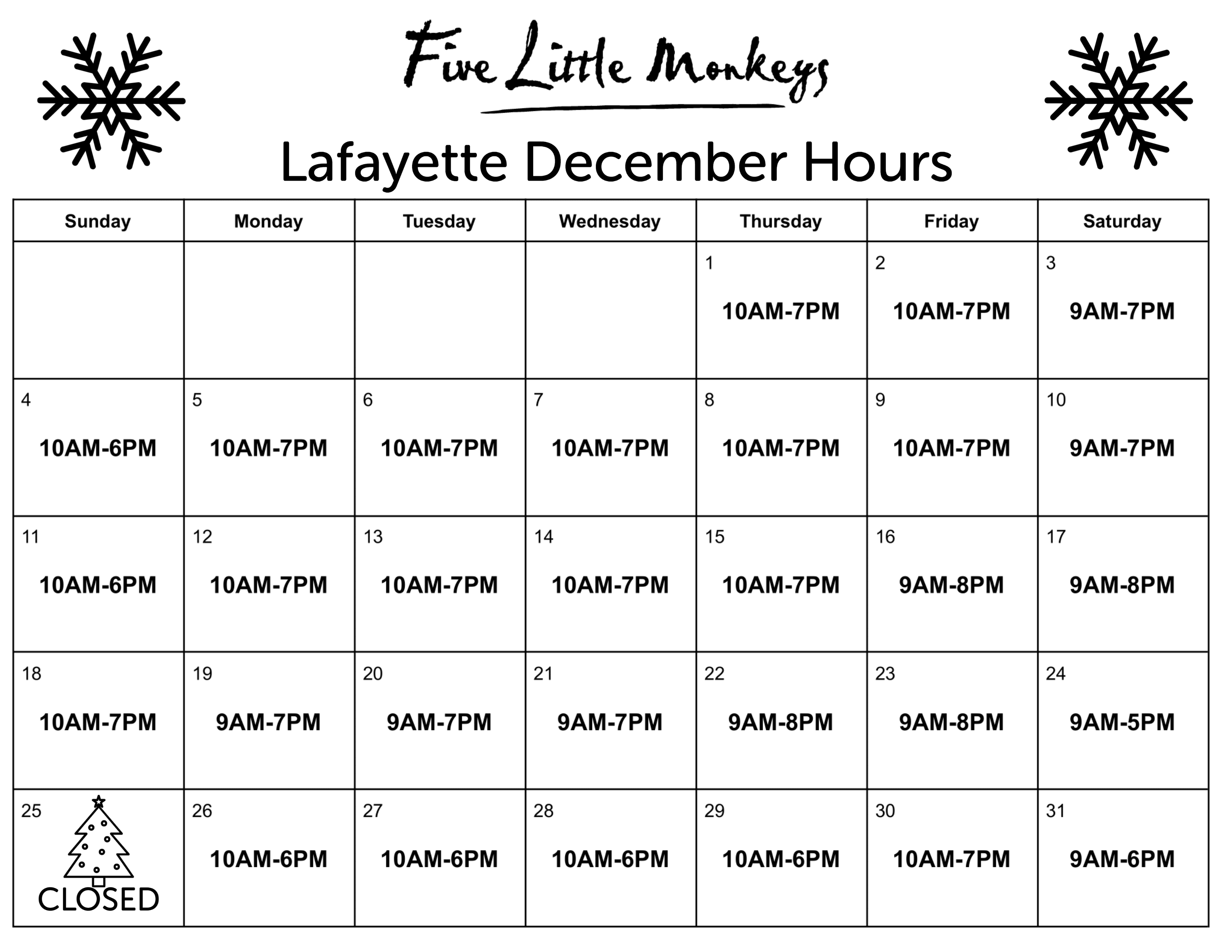 Laf Holiday Hours 1